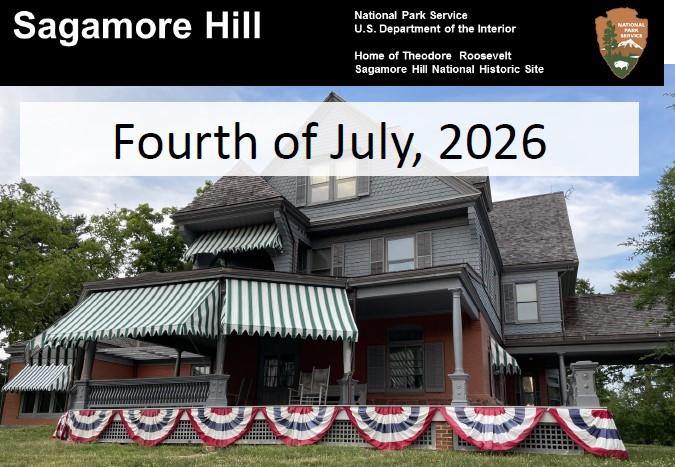 Sagamore Hill with red white and blue bunting around it
