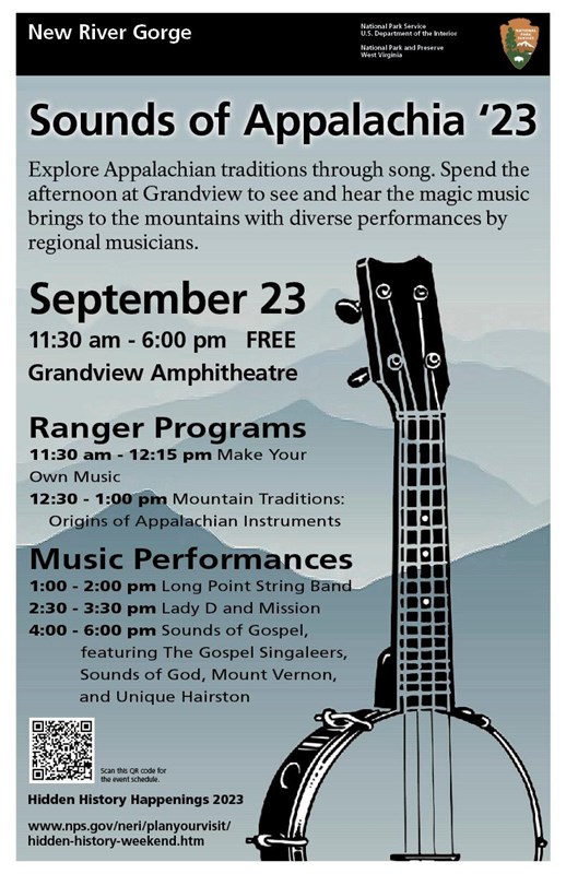 A blue poster with a picture of a banjo on it. The poster advertises Sounds of Appalachia 23.