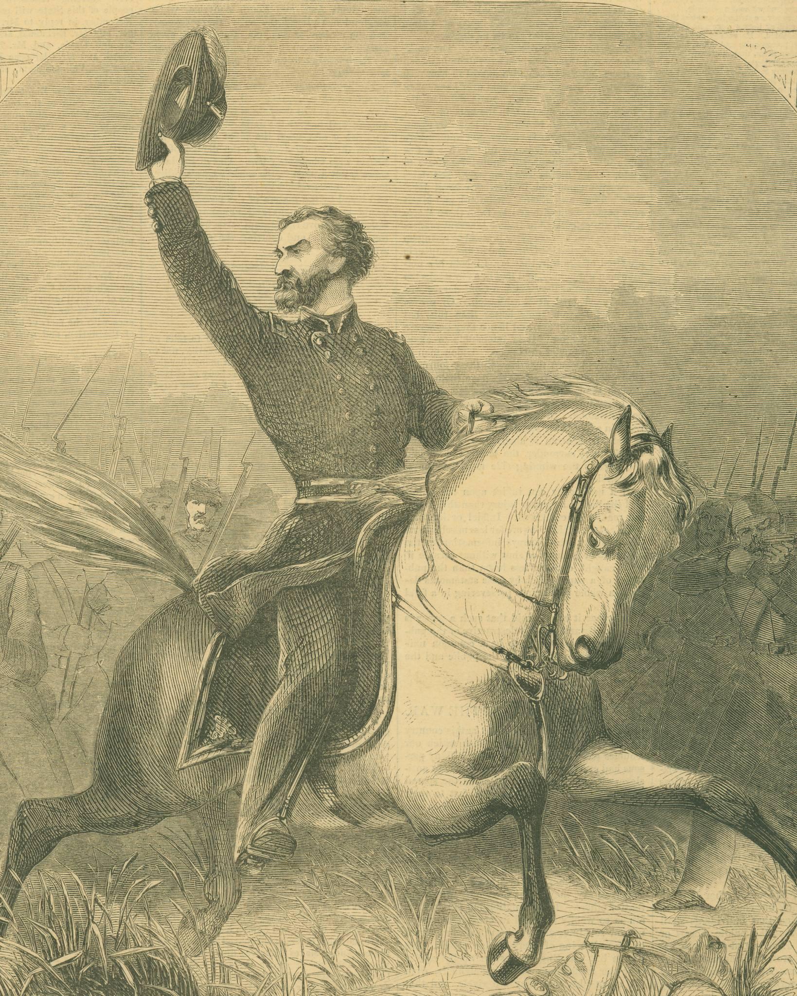 An engraving of a Union general riding into battle and waving his hat.