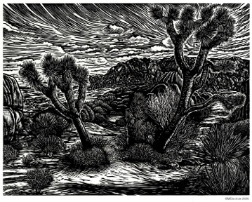 Black and white block print art piece of a Joshua tree landscape