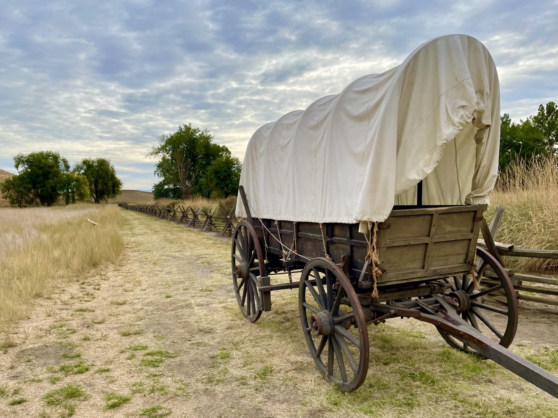 A landsape color photo of a covered wagon sitting on a grassy trail with a gray cloudy sky.