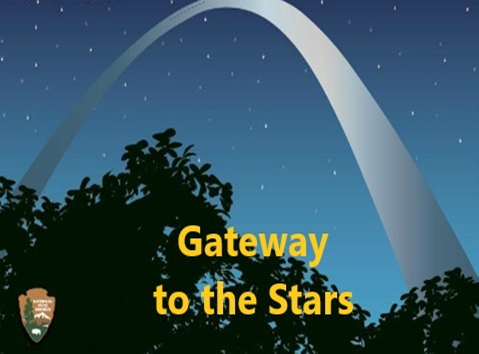 A logo of an arch with speckled stars behind it and tree outlines in the foreground