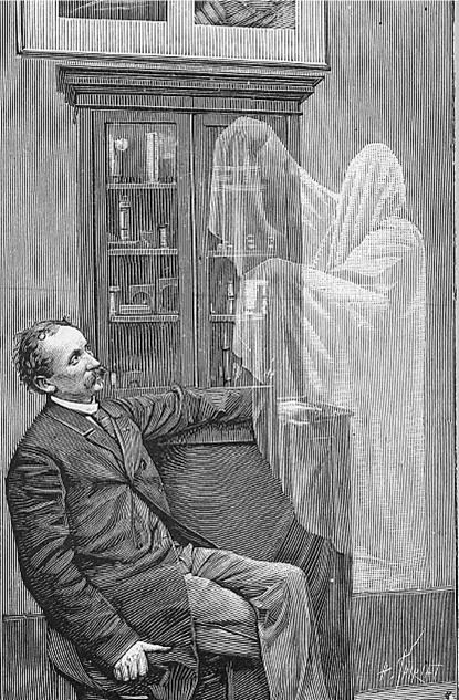 black and white illustration of man in 1800s looking at a ghost