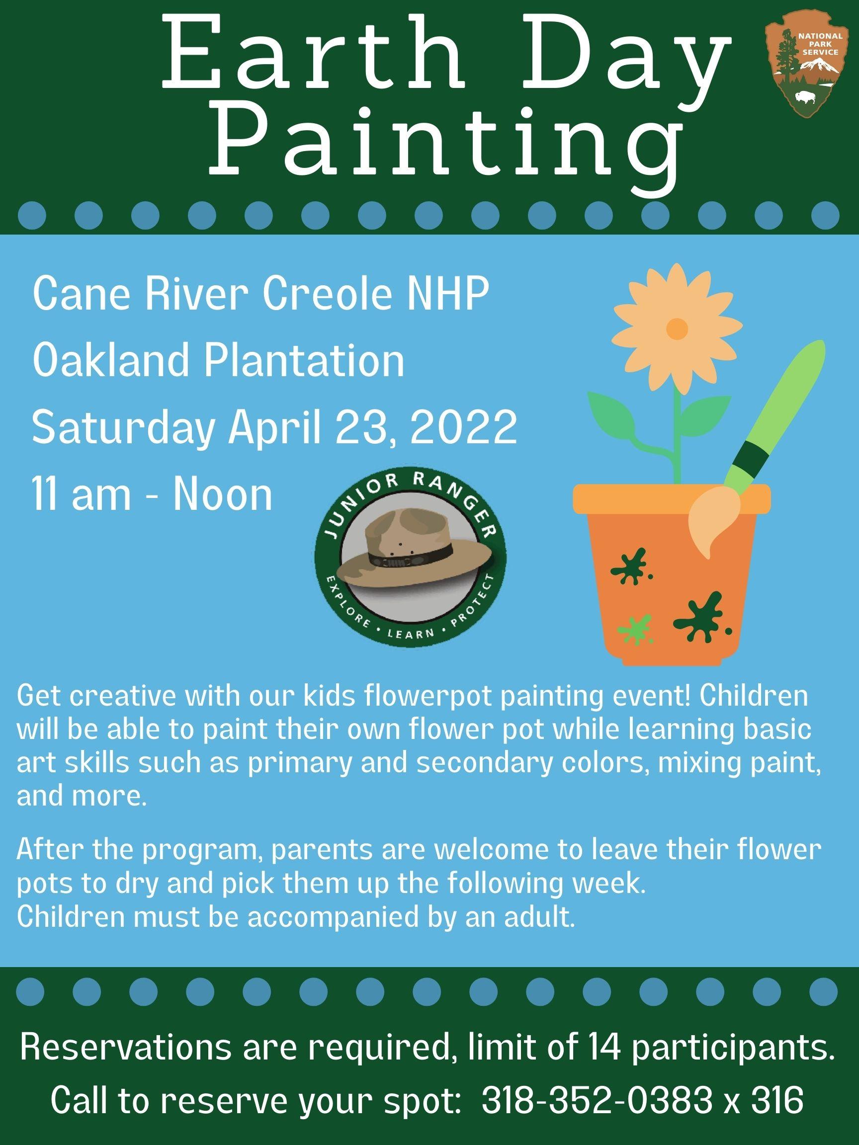 Blue and green event flyer featuring a yellow flower in a flowerpot.