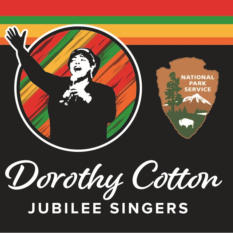 A graphic showing a stylized image of Dorothy Cotton singing next to the NPS arrowhead.