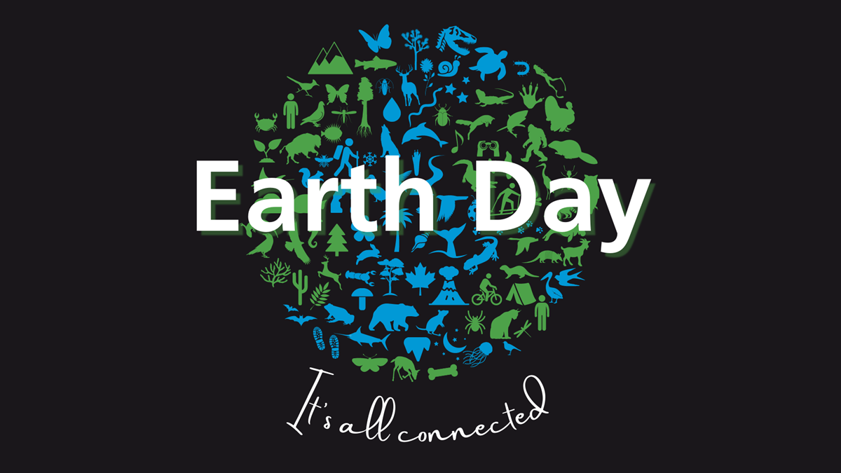 Earth Day graphic with icons of animals and plants organized in the shape of the Earth.