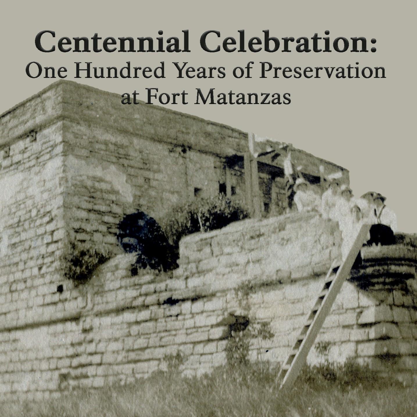 Historic image featuring people standing on a ruined stone fort. Event title is written above.