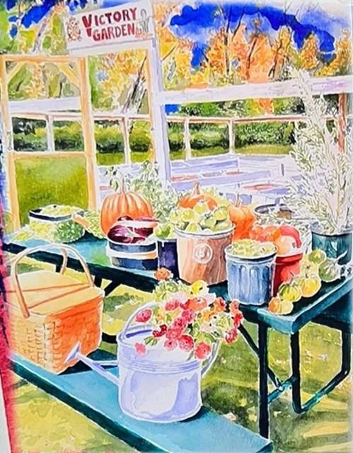 Watercolor painting of the Springfield Armory Victory Garden.