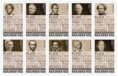 A collection of stamps featuring photos of figures of the Underground Railroad.