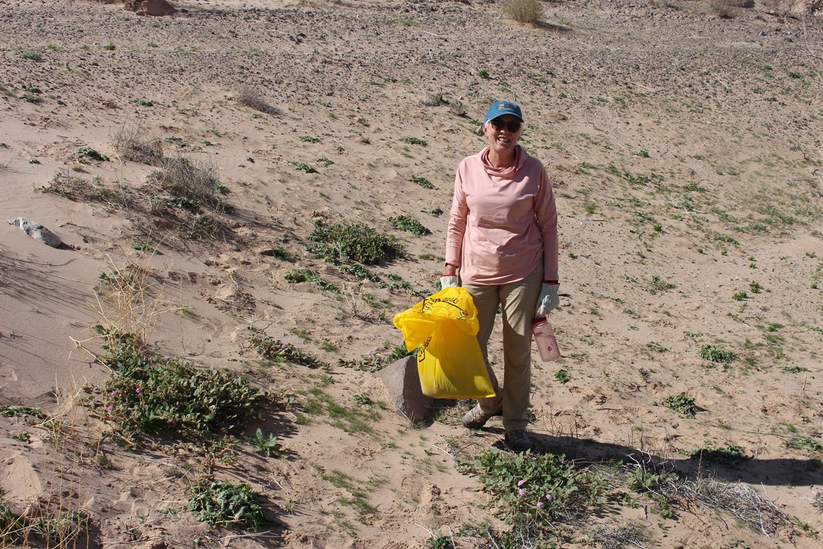 Volunteer holding a bag of invasive species