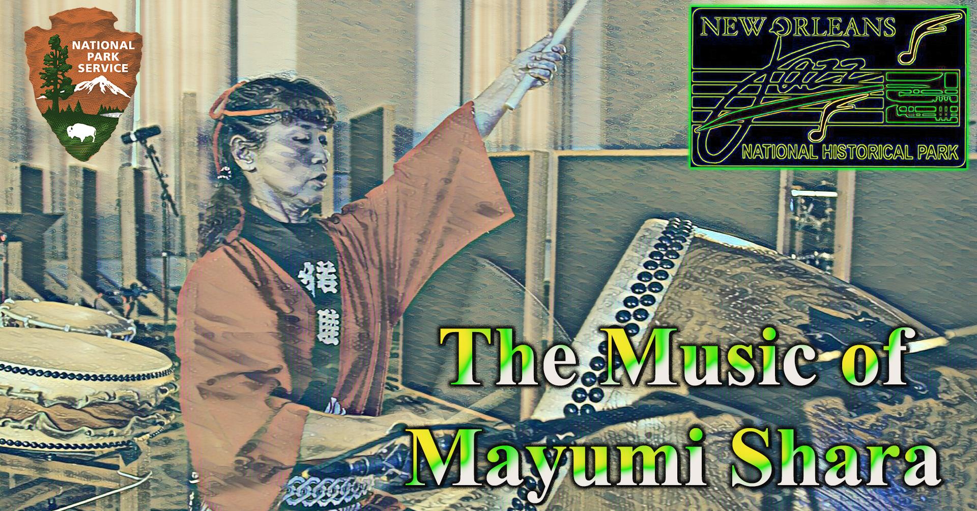 Stylized photo of Mayumi Shara performing with drums.