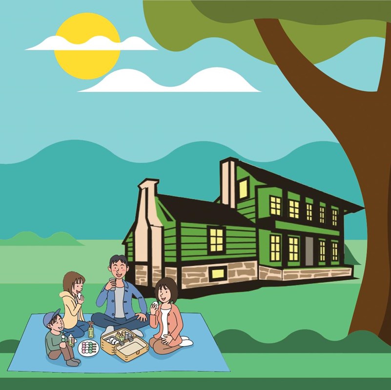 Graphic of family picnicking in front of a green house
