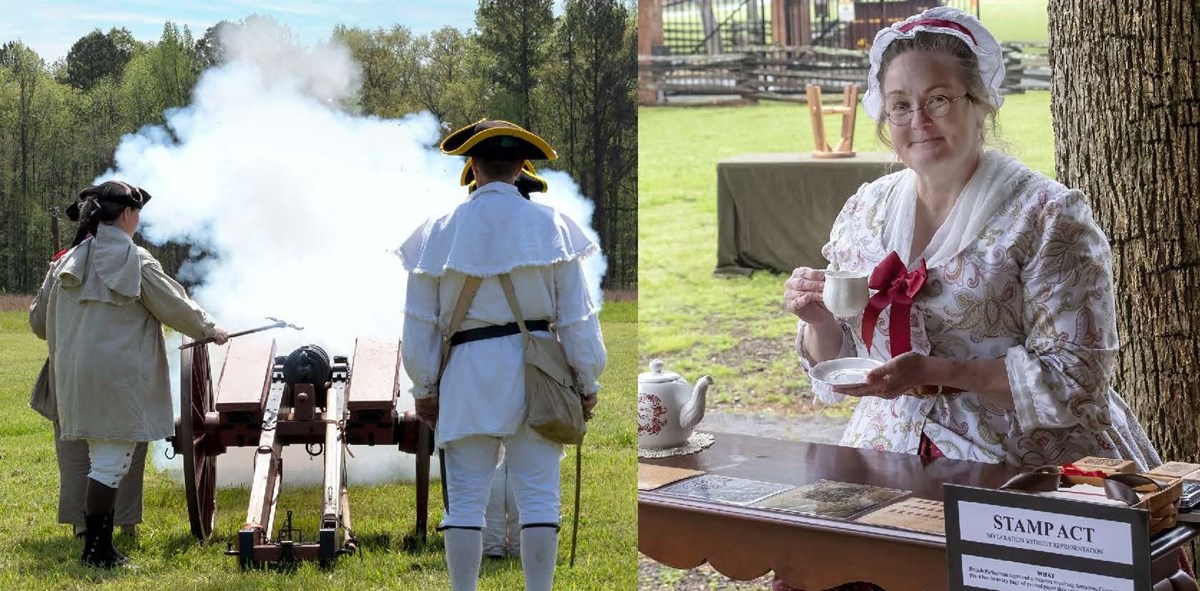 On the left men fire a cannon which bellows smoke. On the right a woman holds a teacup.