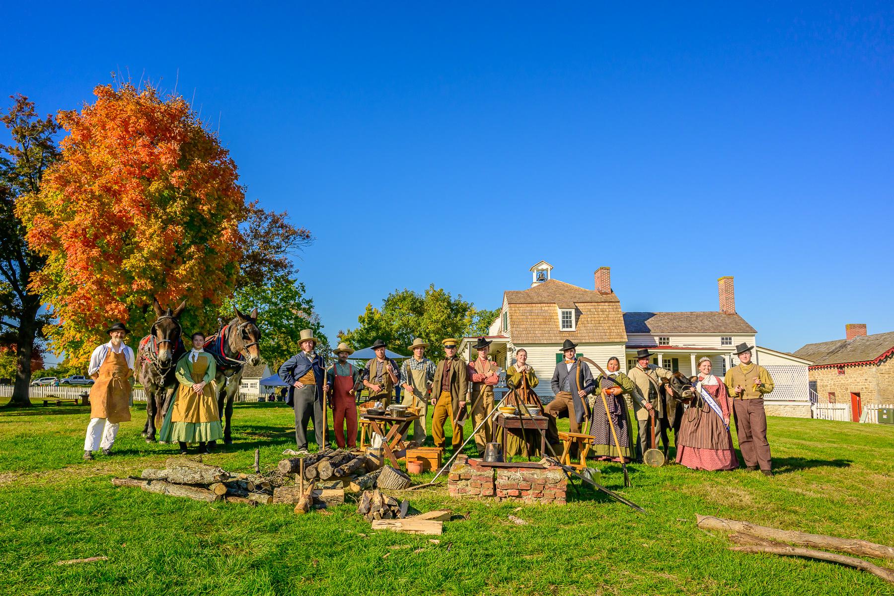 Living history volunteers gathered with livestock on farm grounds