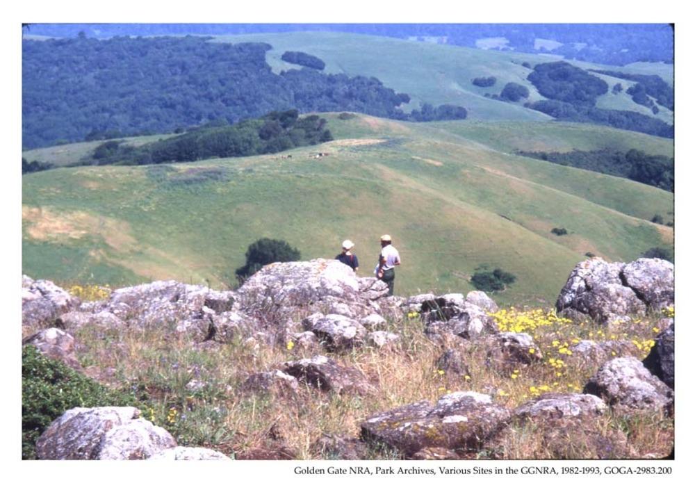 Two park rangers standing on a hill outcrop overlooking a valley in the Marin Headlands
