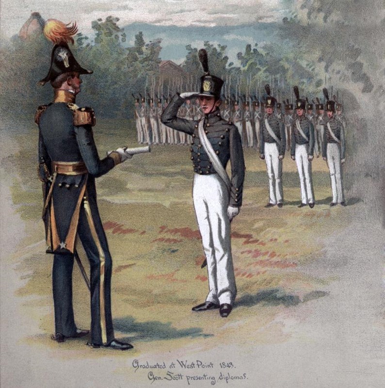 Color illustration of soldier in West Point uniform saluting as another soldier hands him paper
