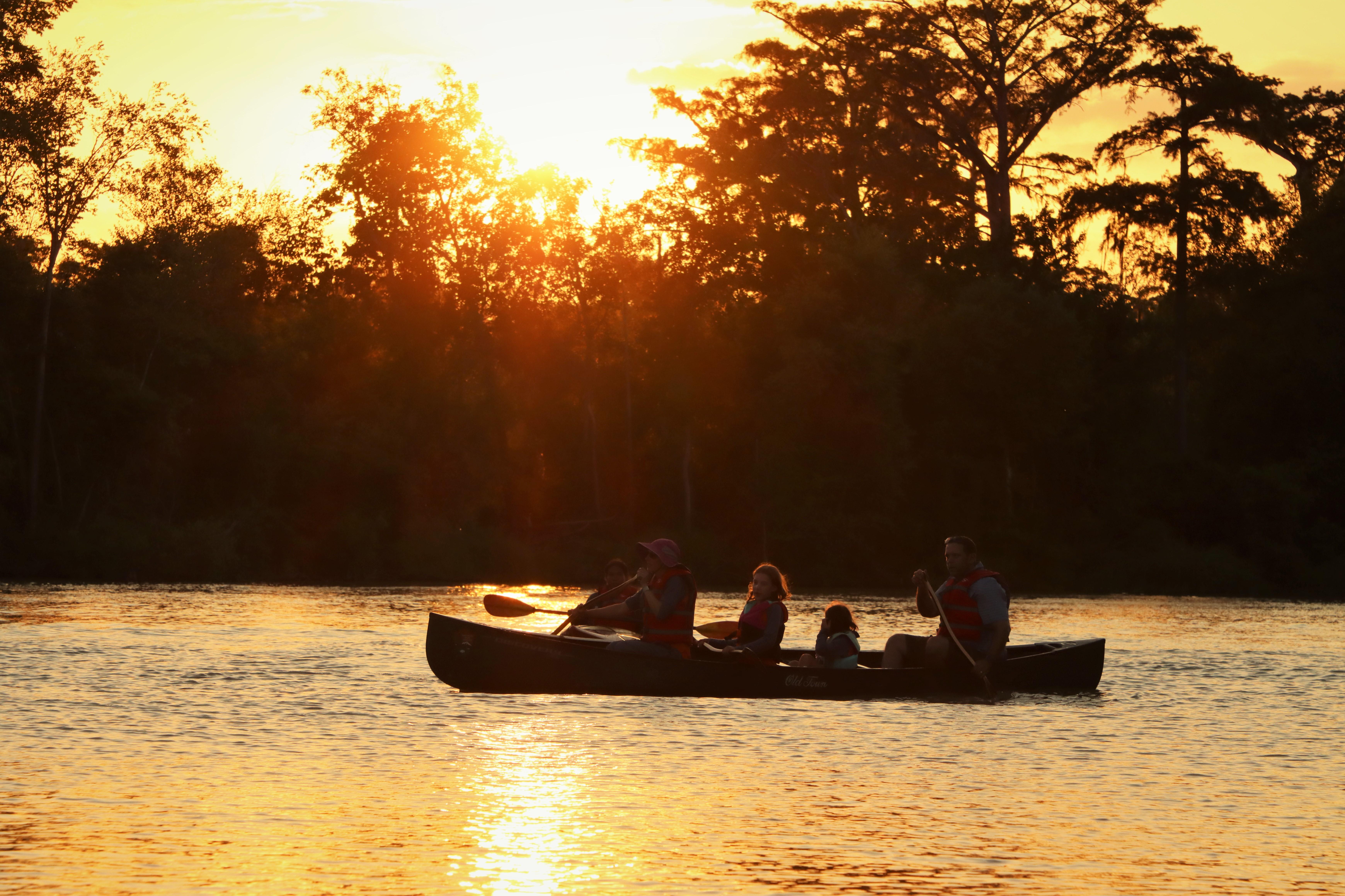 family of 4 paddling a canoe silhouetted against the setting sun and forest