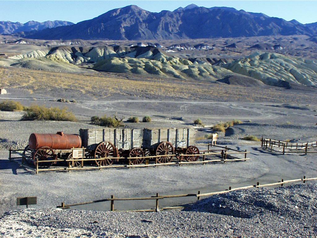 View of historic borax wagon at Harmony Borax Works in Death Valley.
