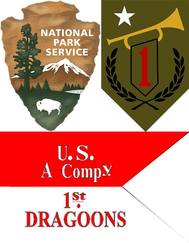 Image of NPS arrowhead, 1st Infantry Division Band&rsquo;s logo, and A Company of the 1st Dragoons guidon.
