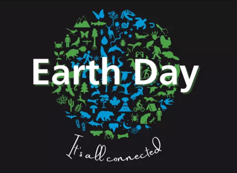 An image of Earth created out of blue and green silhouettes of animals, people, and places.