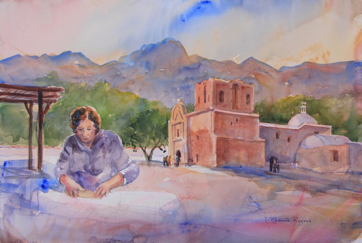 painting of tortilla maker in front of church