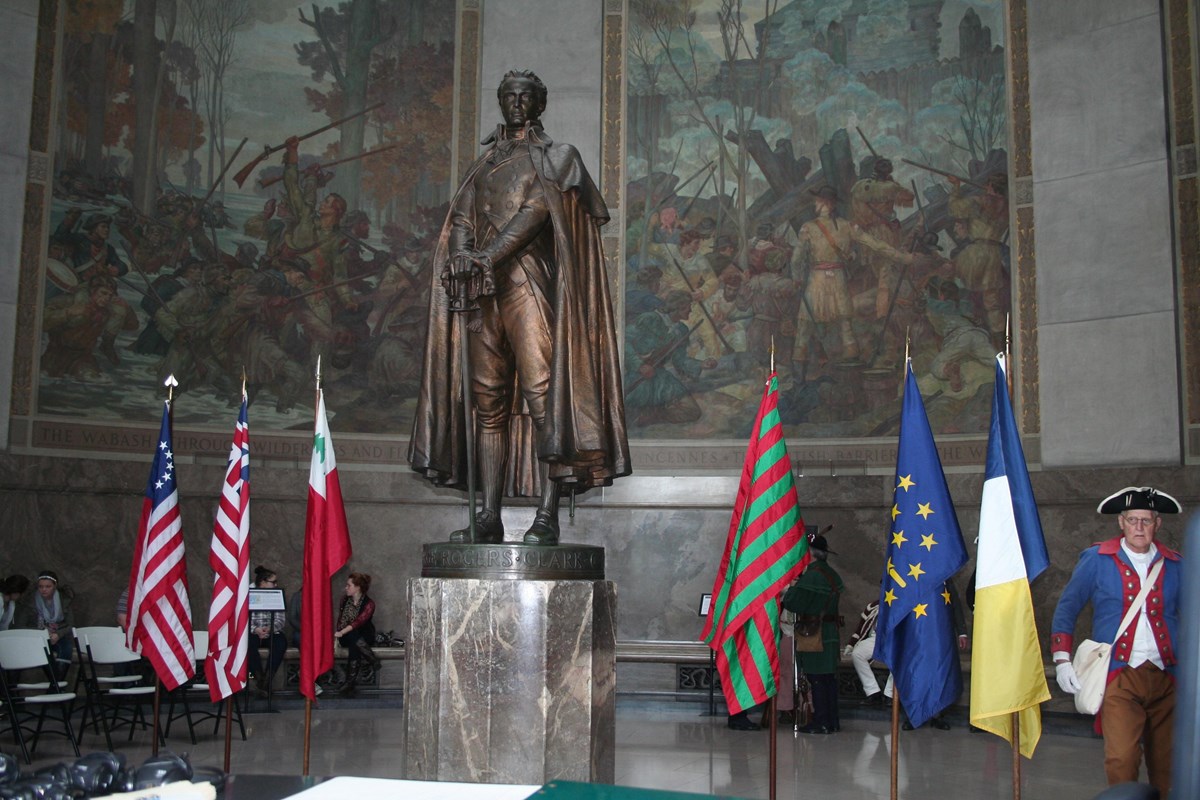 Flags of Indiana and the United States inside the Memorial Rotunda