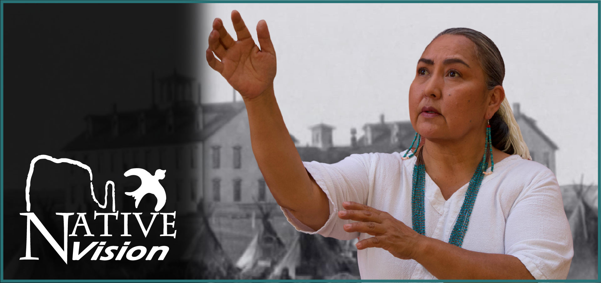 A woman in white holds her hands up and stares in the distance with the words "Native Vision."