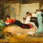 A painting of women gathered around a piano.