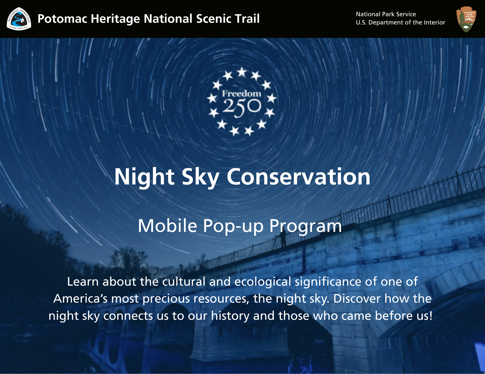 Blue night sky covered in swirling stars with a logo titled freedom surrounded by stars