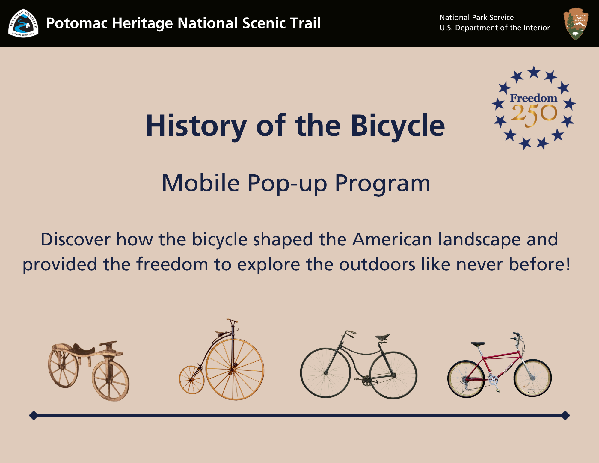 Four different bike models on a flyer advertising a bike history program