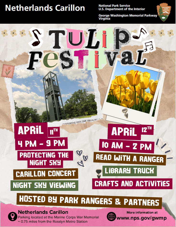 Flyer with bell tower and tulip photos promoting a tulip festival