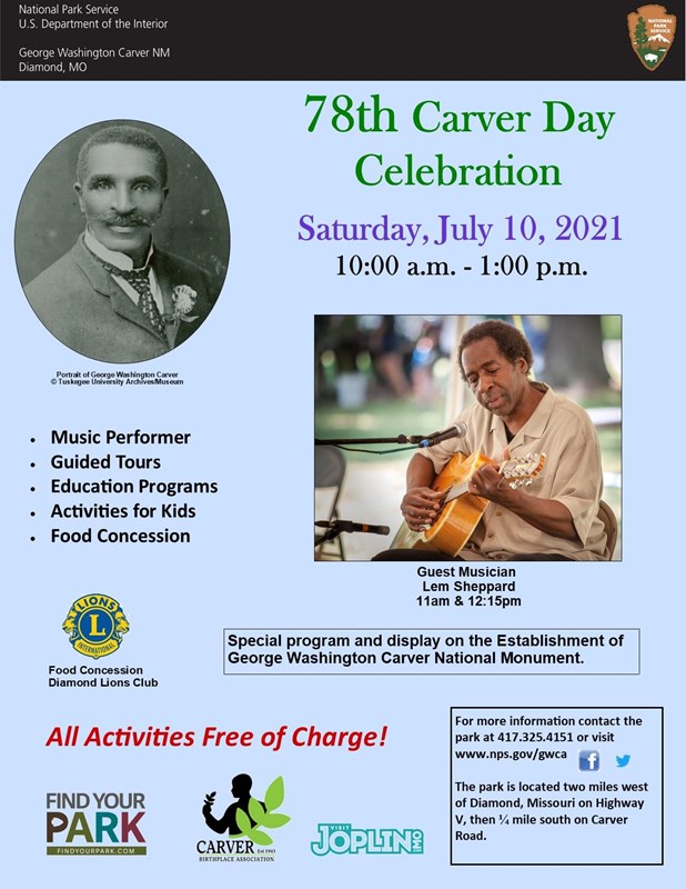 A man playing a guitar. A photograph of George Washington Carver.