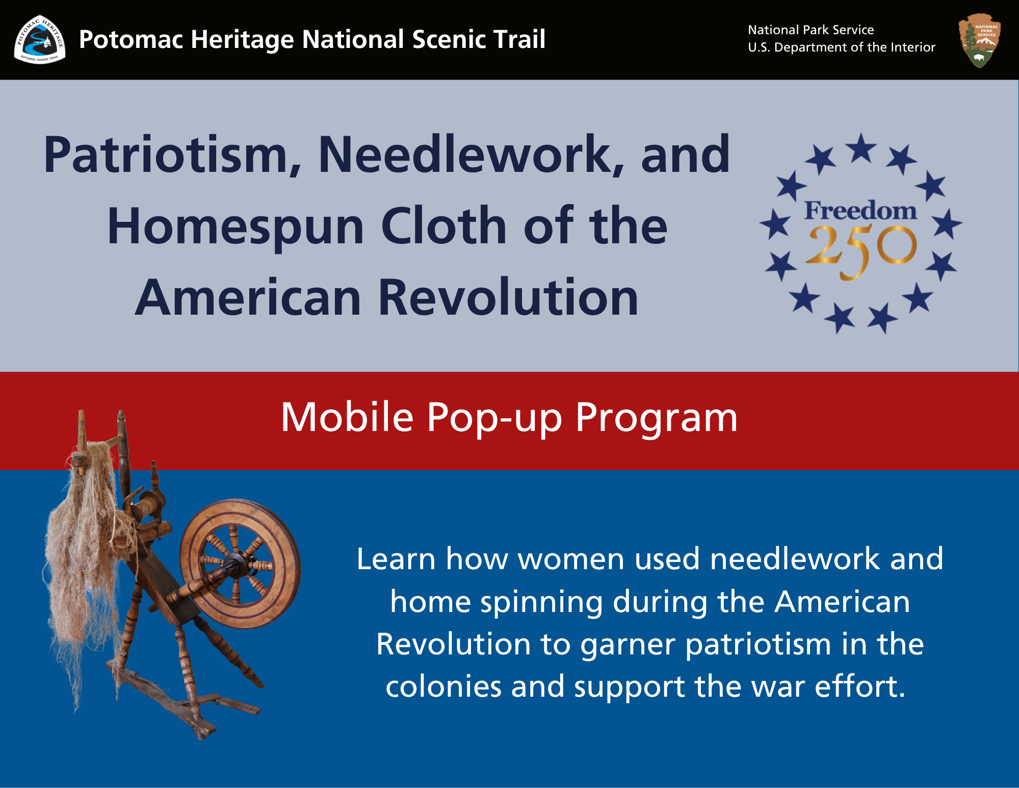 Blue and red flyer with a spinning wheel promoting a Revolutionary War event about needlework