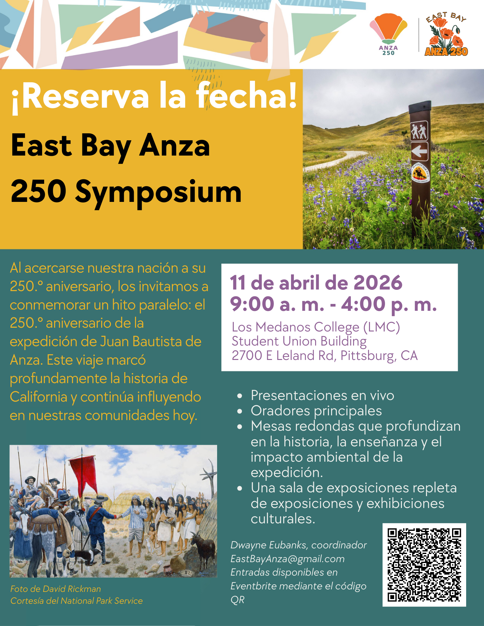 East Bay Anza 250 Symposium event flyer in Spanish
