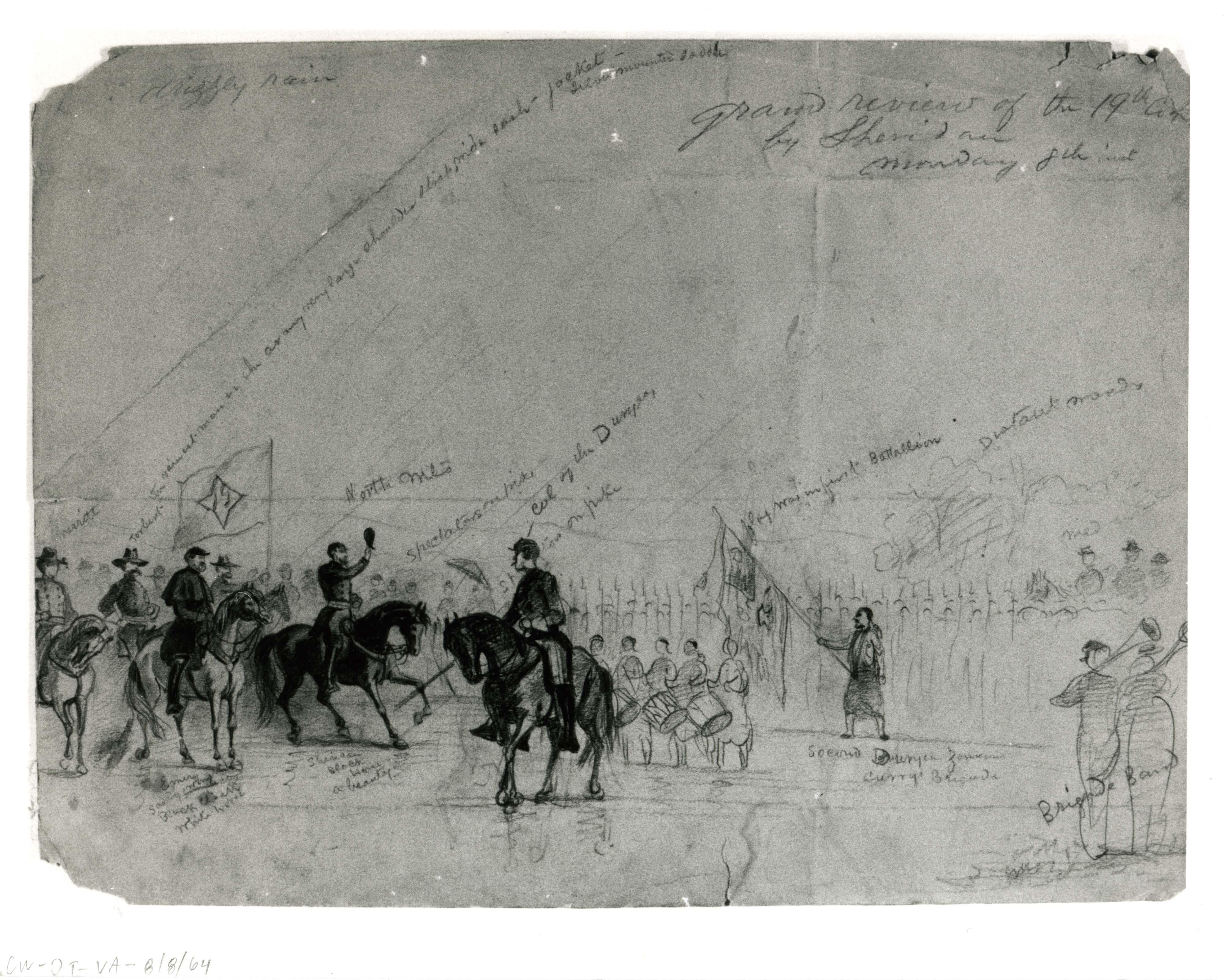 Historic sketch of mounted military officers riding through a crowd of soldiers and musicians.