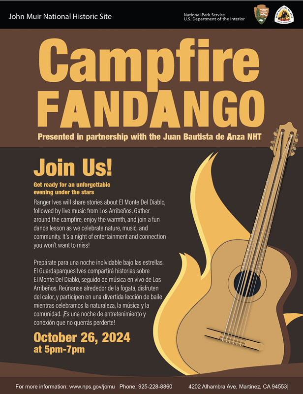 A flyer with a guitar and flames says Campfire Fandango! Join us!