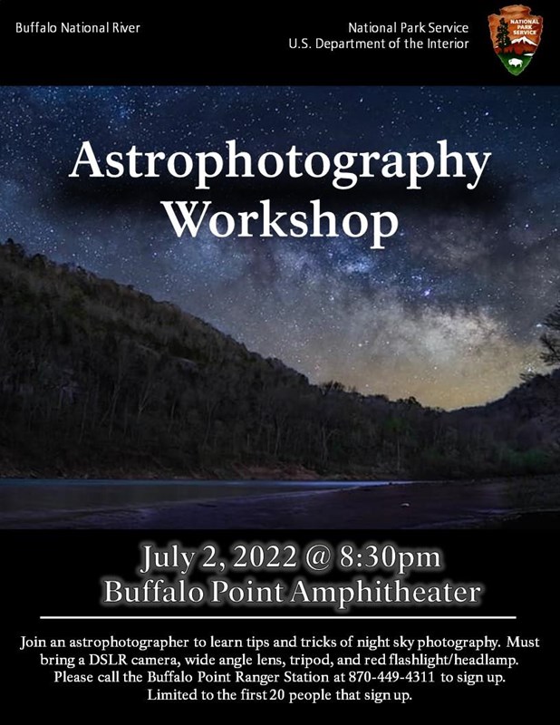 A poster showing the illuminated Milky Way above the Buffalo River with the silhouette of a hillside
