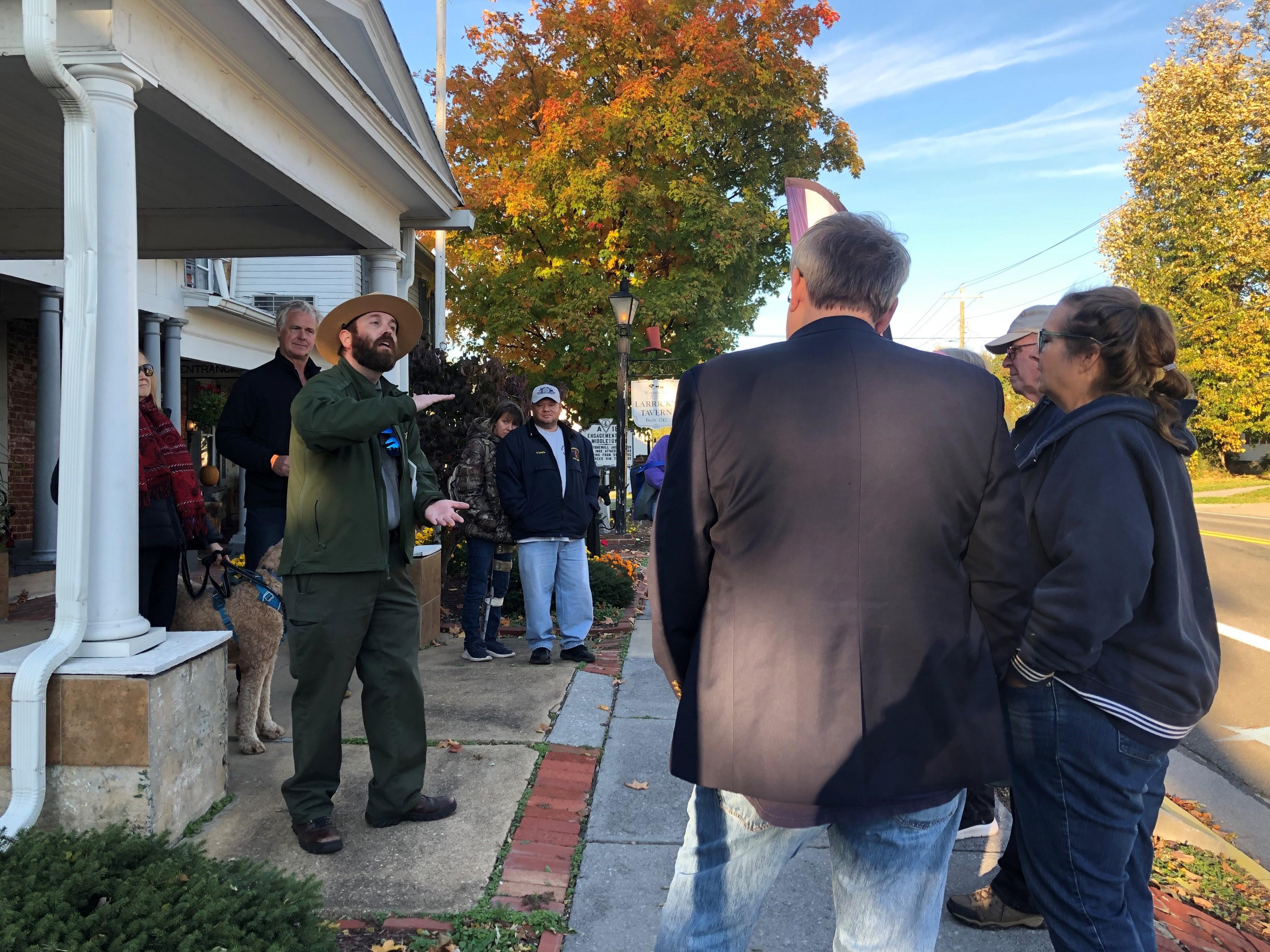 A National Park Service ranger leading a Historic Middletown walking tour.