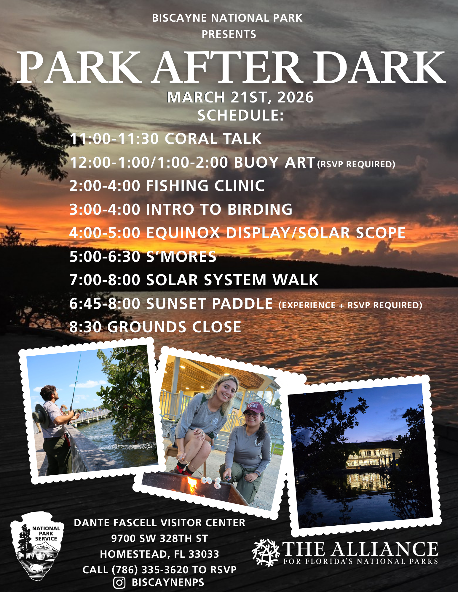 Park After Dark Flyer with event schedule. The background is a sunset by the Jetty Walk boardwalk.