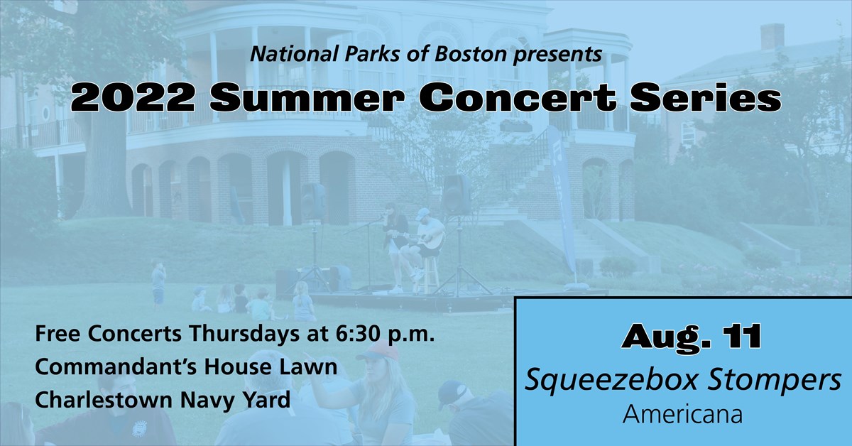 Event graphic for the Summer Concert Series specifying Aug. 11 for Squeezebox Stompers concert.