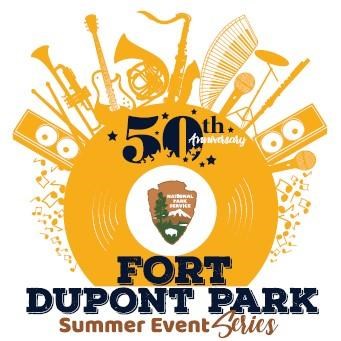 Fort Dupont Park Summer Event Series 50th Anniversary logo with NPS logo with musical instruments.