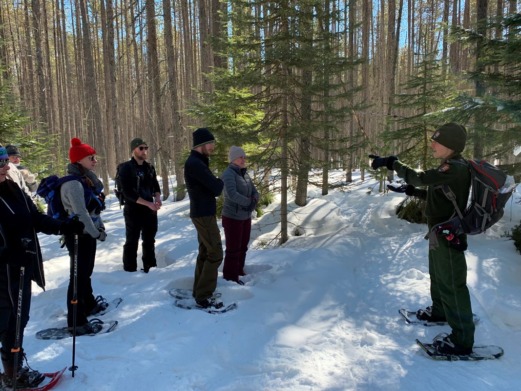 A park ranger speaks to a group of people on snowshoes in the forest