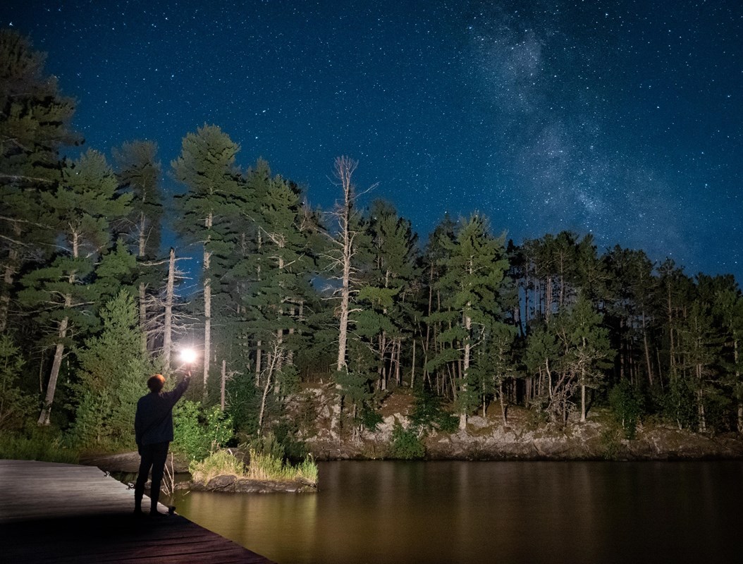 Person holding a light in the air while standing on a dock. Stars visible in the sky above a forest.