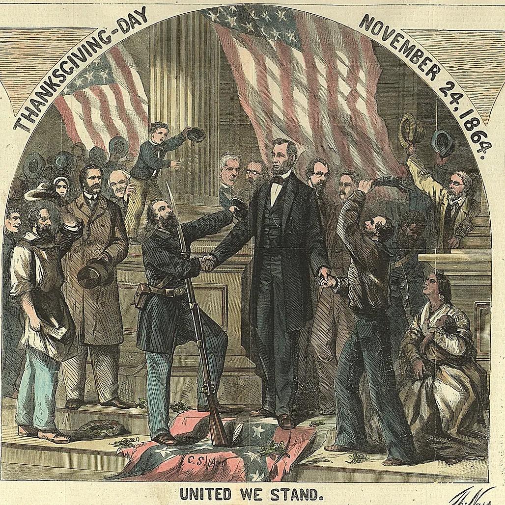 An historic engraving featuring President Lincoln shaking hands with a soldier