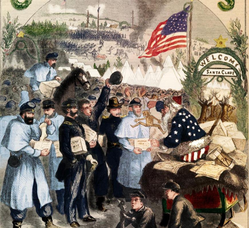 An illustrated Civil War camp scene where a festive figure in a star‑covered coat hands out gifts