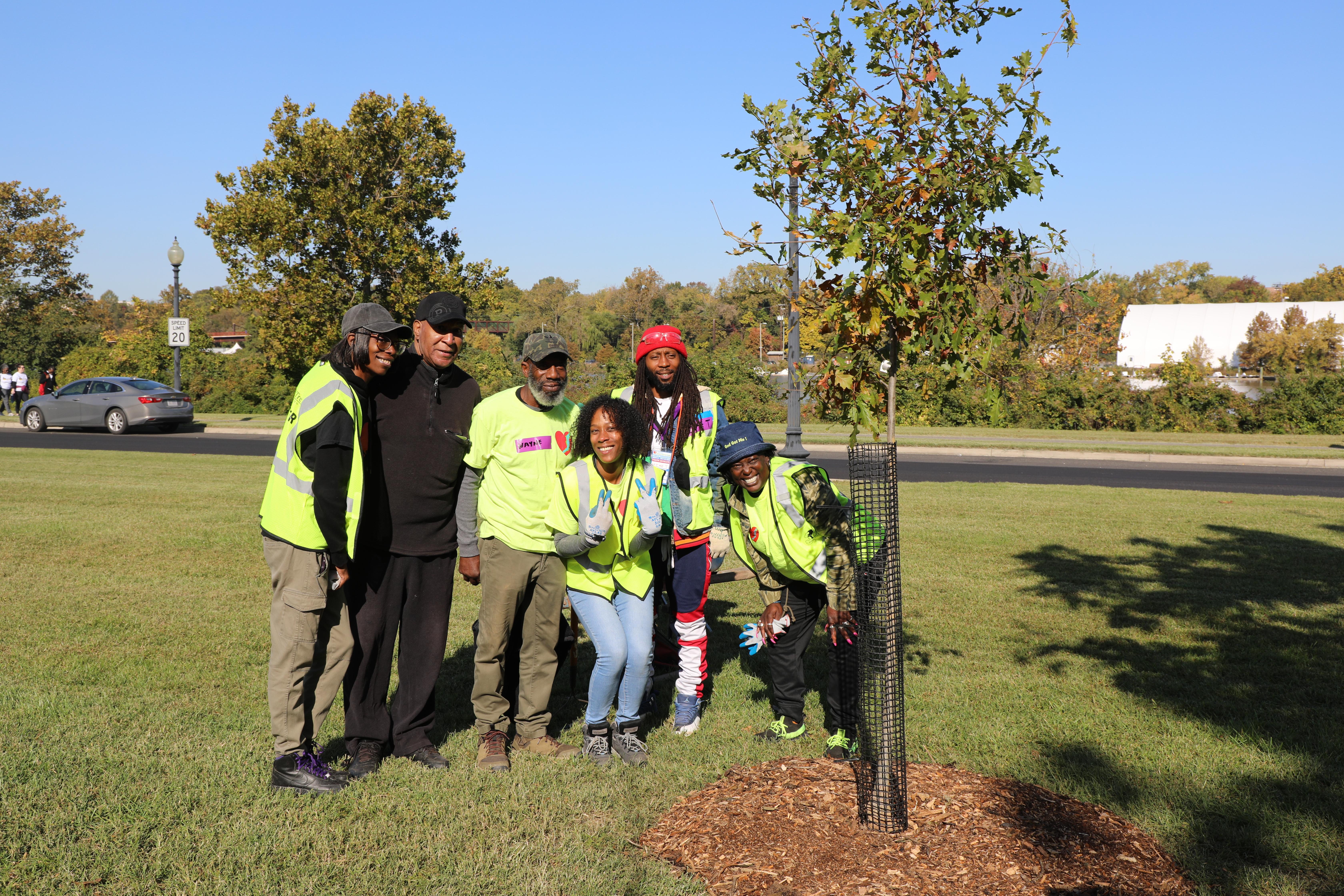 A group of people standing around a newly planted tree.