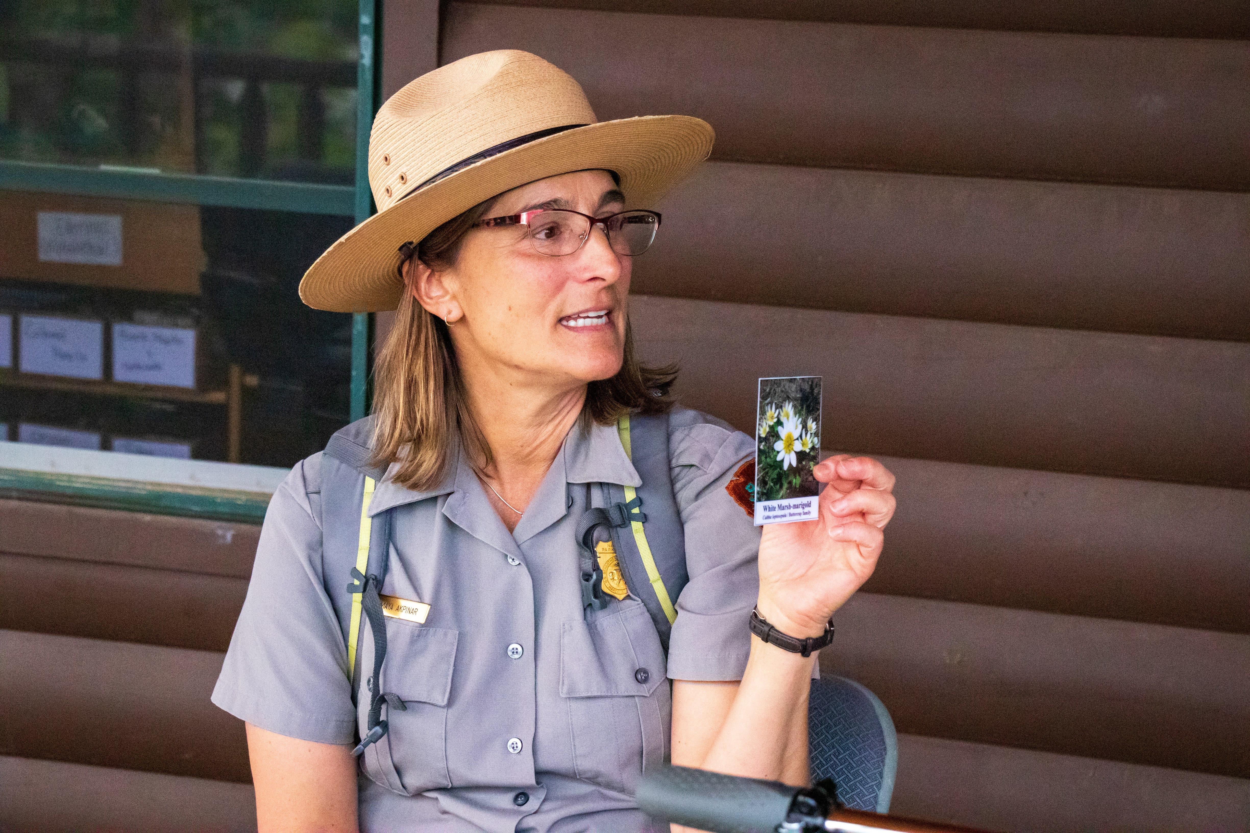 A park ranger holds up an image of a wildflower.