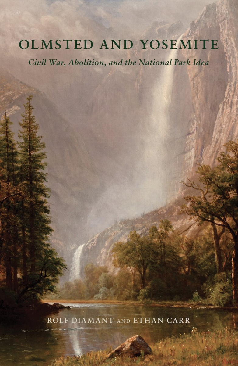 Book cover with a painting of a waterfall and trees