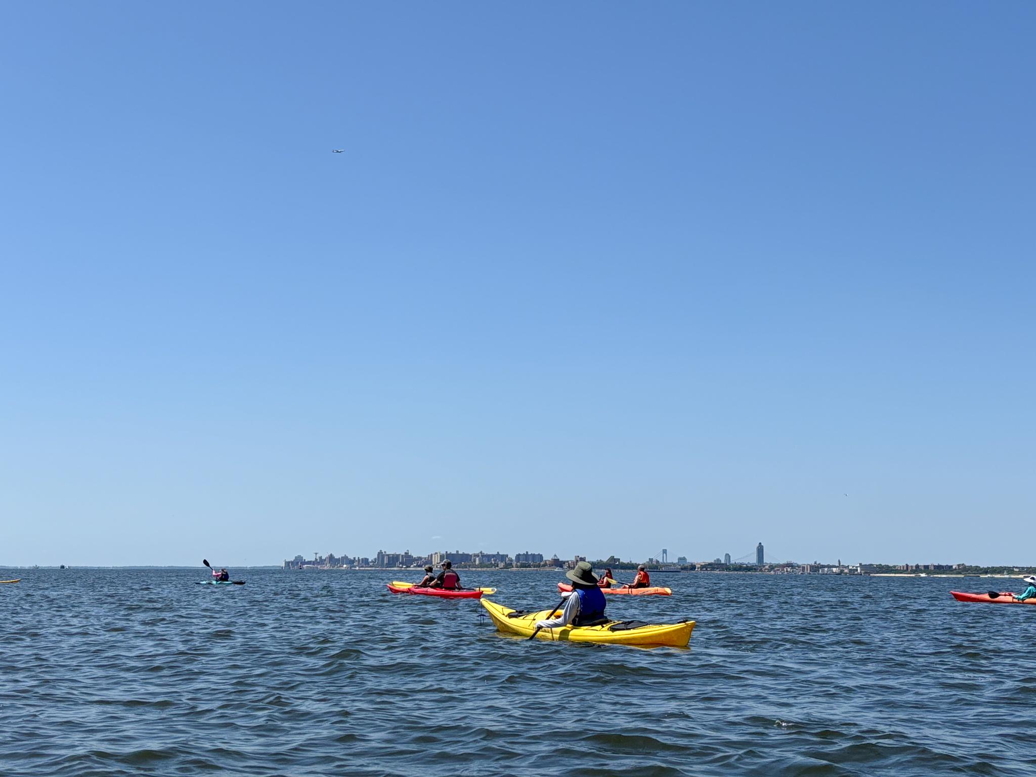 kayakers on water with city skyline in background