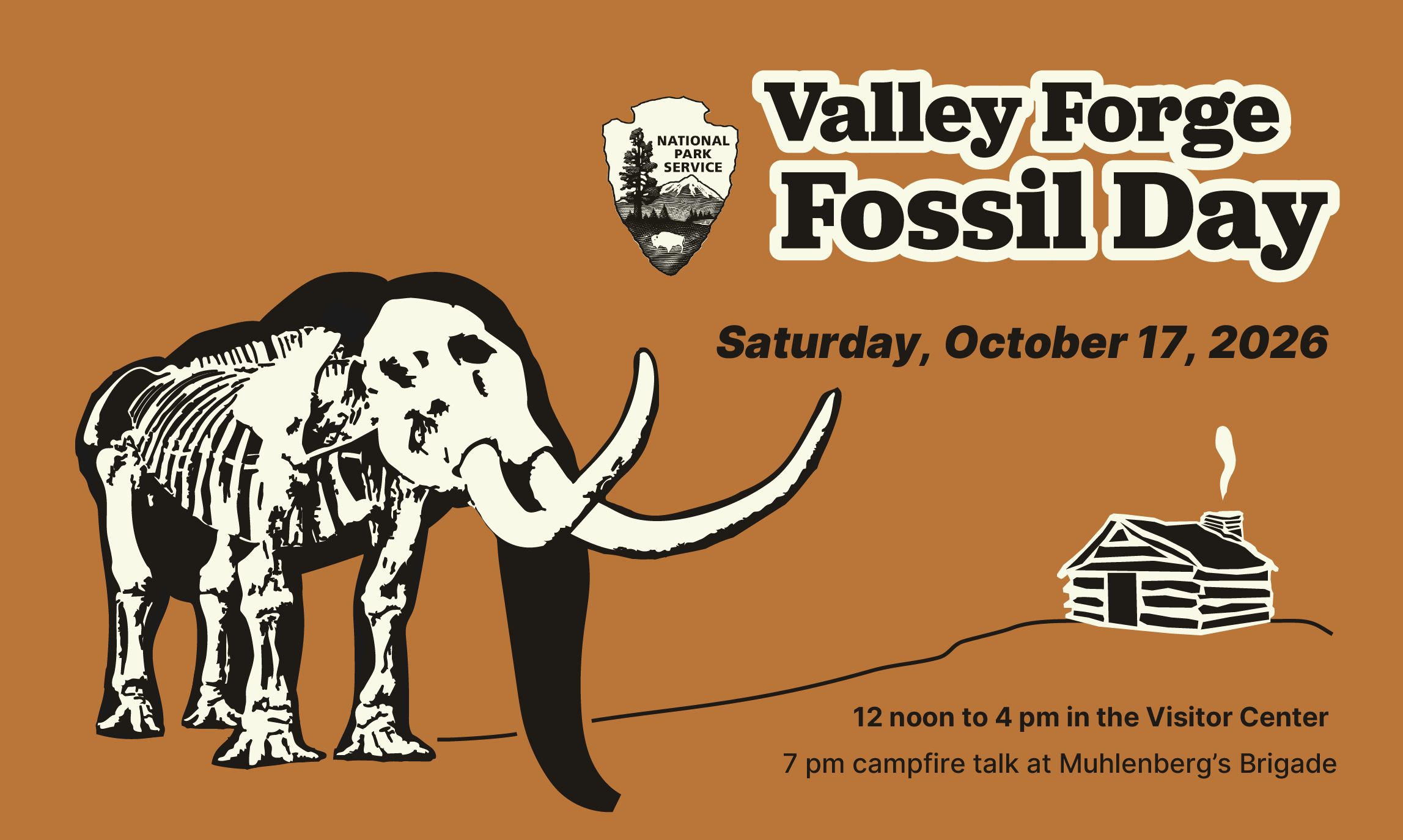 illustrated graphic of mastodon silhouette with skeleton and log hut.